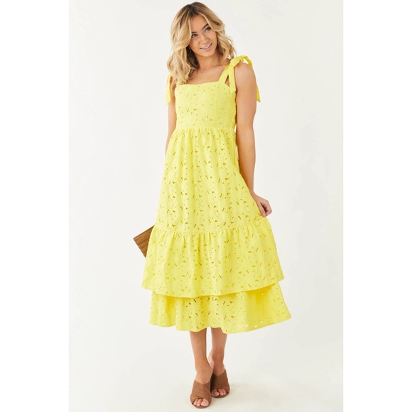 Flying Tomato Sunny Yellow Floral Eyelet Double Ruffle Maxi Dress - Picture 8 of 13